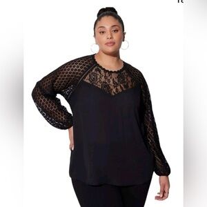 Torrid Deep Black Georgette Lace Mix Sleeve Elegant Women's Top